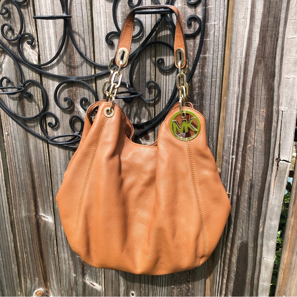 Michael Kors Fulton Chain Tan Pebbled Leather Tote Purse 3 Compartment Hobo